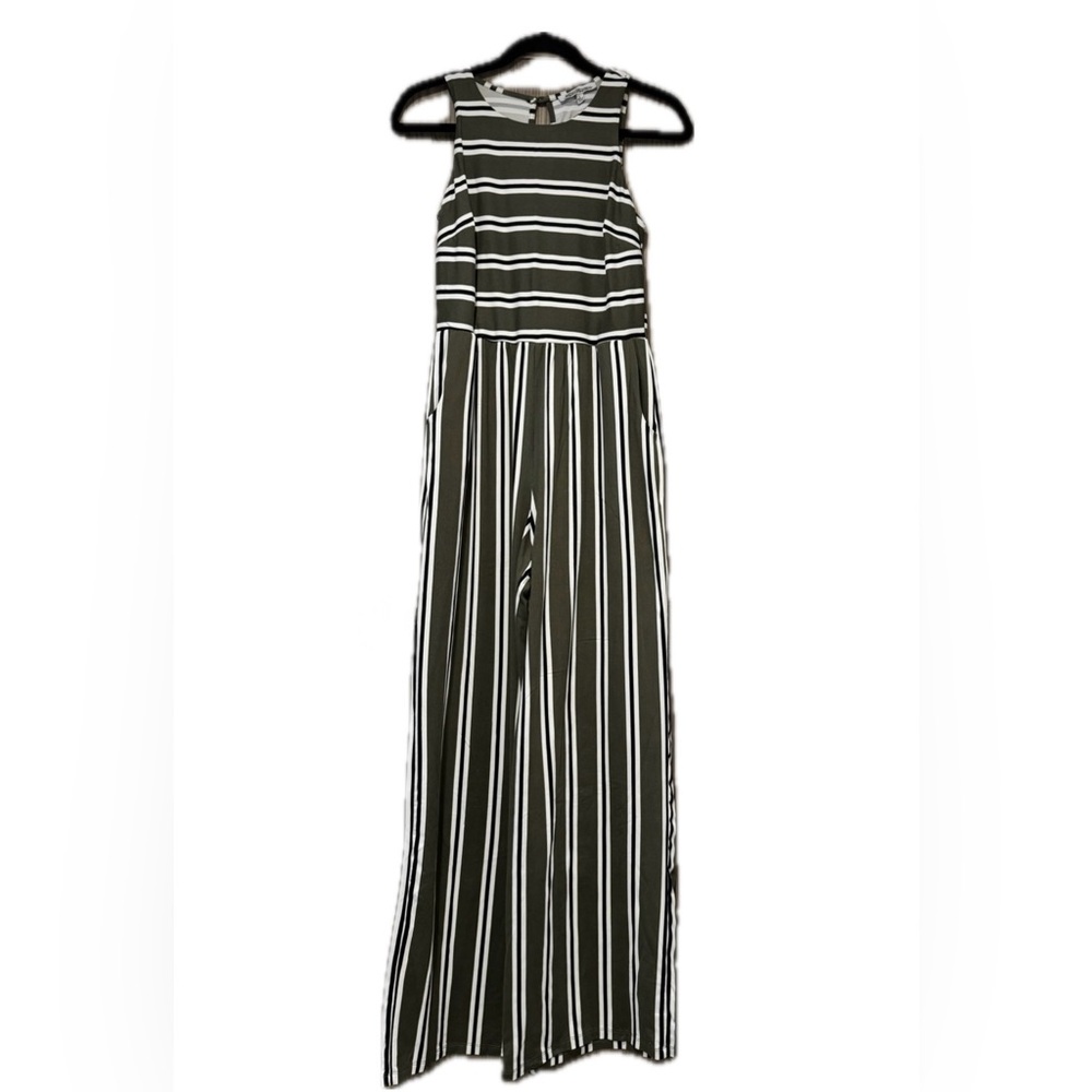 Stilletto’s Olive Green Striped Wide Leg Jumpsuit - Size Large